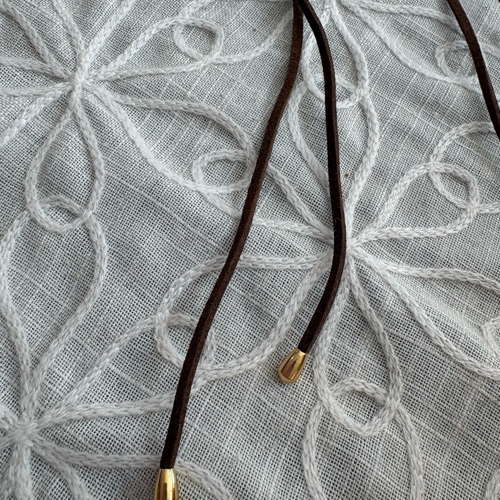 Elegant Gold Sculpture Long Pendant Necklace on Brown Cord - Picture 8 of 9